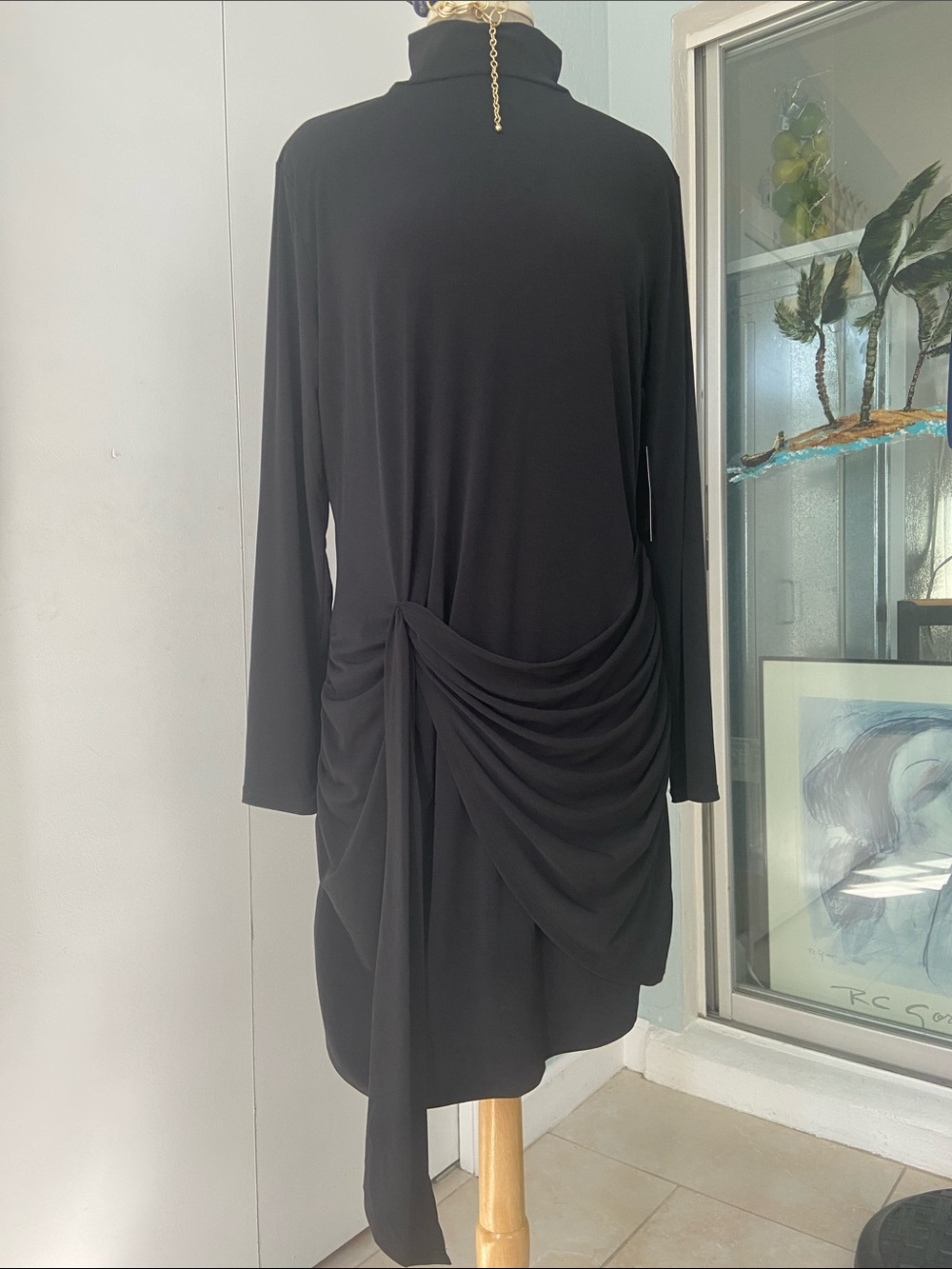 BOLD elements Black Draped Long-Sleeve Turtleneck  Body con Jersey Dress L